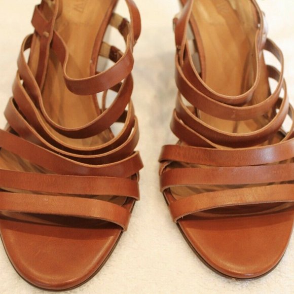 J Crew Cognac Brown Stappy Wedge Heel Sandals - Picture 1 of 9